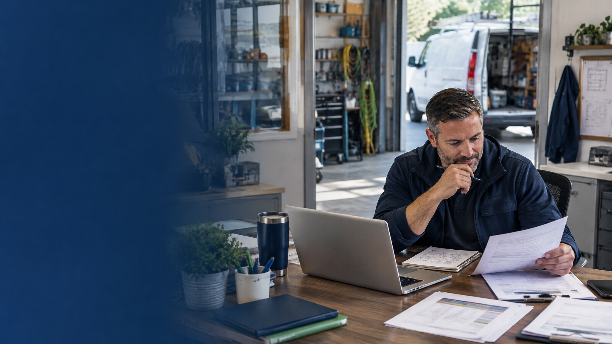 Growth planning for home service businesses, illustrated by an owner reviewing documents beside a laptop in a workshop office.